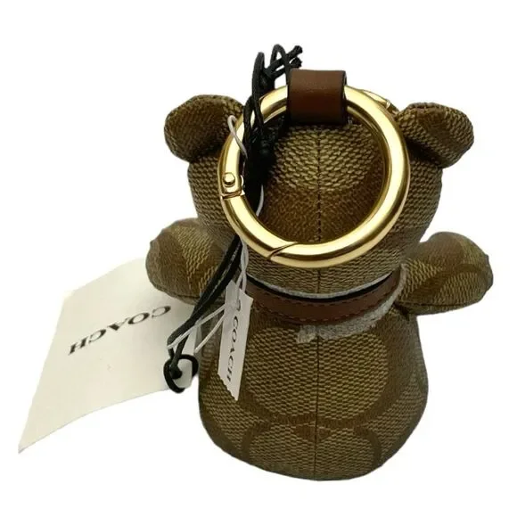 Coach Authentic Bear Bag Charm in Signature Canvas Leather - Gold/Khaki New - Picture 3 of 4